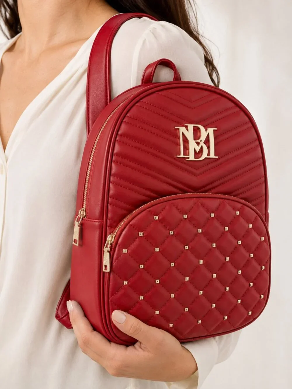 Badgley Mischka Bright Red Vegan Leather Gold Studded Backpack NWT